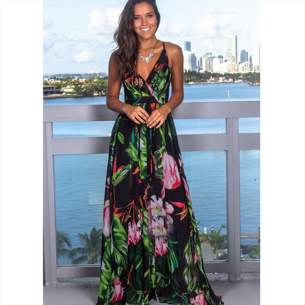 

elegant floral long summer womens dress spaghetti strap backless a line maxi casual party jurken, Black;gray