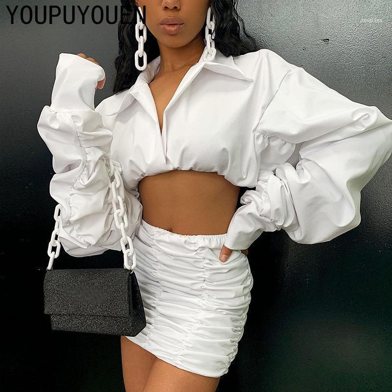 

Fashion Two-Piece Set Women Long Puff Sleeve Ruched Sexy Shirt Crop Top Wrap Skirt 2 Pcs Outfit 2021 Autumn Ladies Party Clothes1, Gray