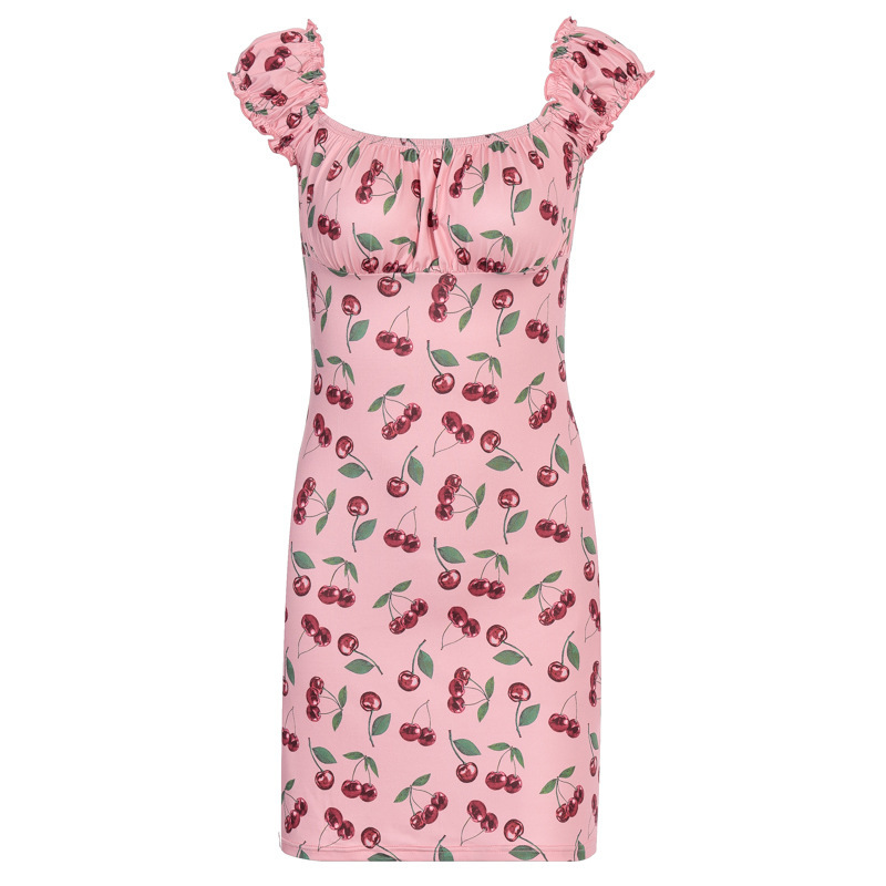 

Paris Girl Summer Cherry Small Floral Square Collar Backless Fungus Drape Women Dress 210524, Pink