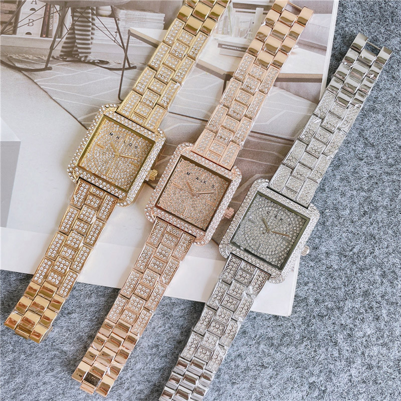 

Brand Watches Beautiful Women Lady Girl Square Crystal Style Dial Steel Metal Band Quartz Wrist Watch M122, Rose gold