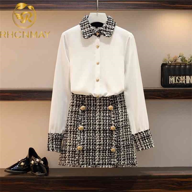 

Spring Elegant Women 2 Piece Set Tweed Tassels Chiffon Shirt Top + Double-Breasted Woolen Pencil Mini Skirt Suit L-4XL 210520, White
