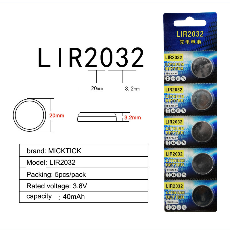

5pcs/pack lir2032 rechargeable battery LIR 2032 3.6V Li-ion button cell batteries Replace CR2032