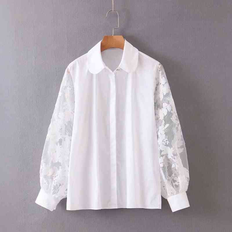 

Women Puff Sleeve Patchwork Blouse Cotton Turn Down Collar Loose Casual Ladies Office Shirt Spring Tops XZ2319 210525, White