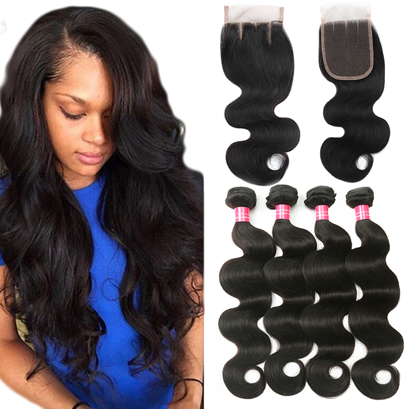 

Mink Brazilian Body Wave 3 Bundles With Closure Wholesale Brazilian Virgin Hair Weave With 4x4 Lace Closure Unprocessed Human Hair Extension, Natural color