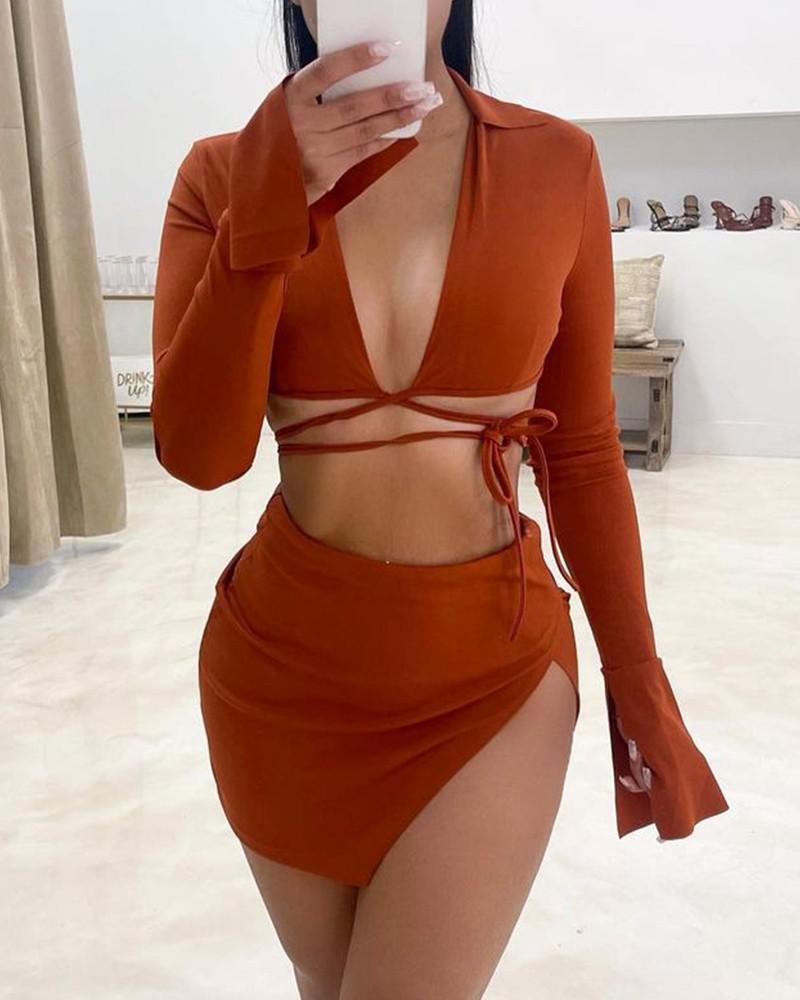 

Women' T-Shirt V-Neck Criss Cross Tie Slit Flounce Sleeve Crop Top