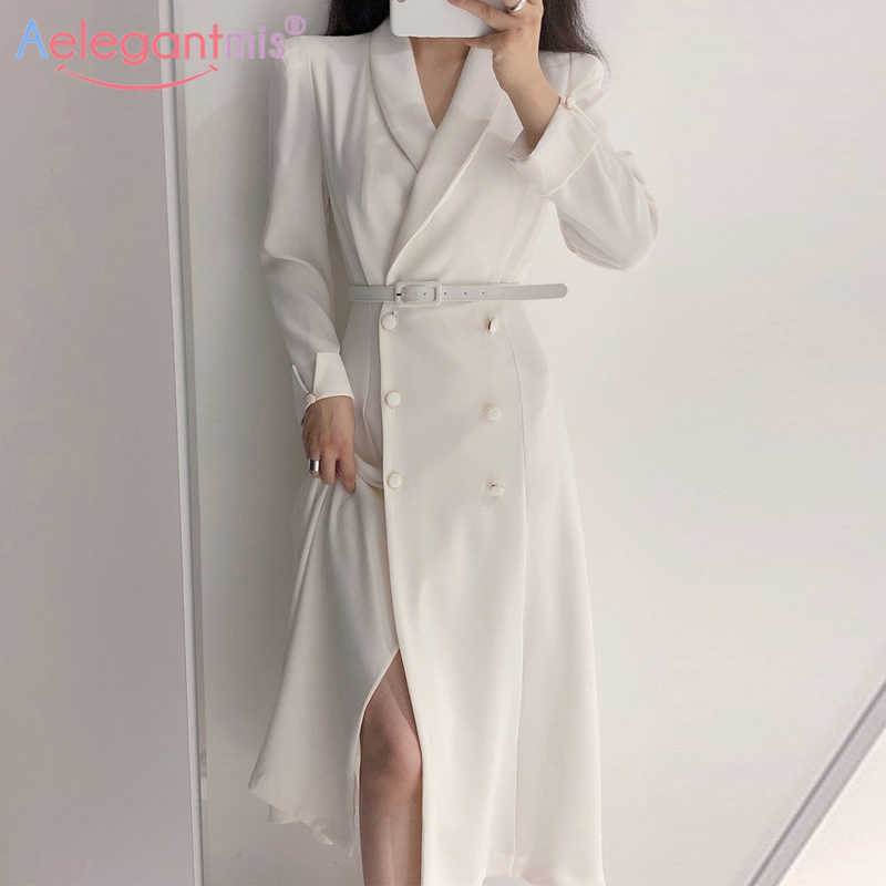 

Aelegantmis Korean Casual Office Lady White Dress with Belt Women Spring Double Breasted Trench Female Elegant Black OL 210607