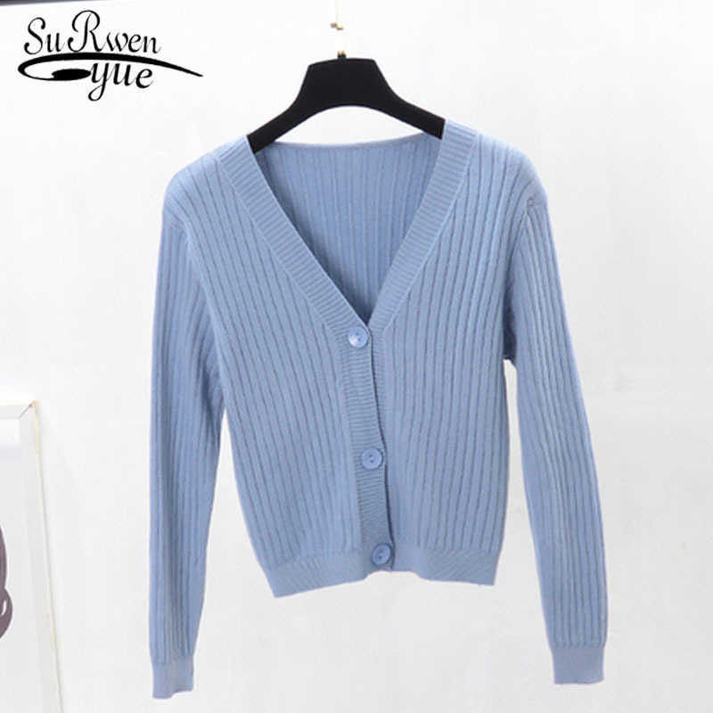 

V-neck Knitted Sweater Solid Women Sweater Autumn Long Sleeve Korean Cardigan Office Lady Clothes Short Loose Coat 10645 210527, Avocado green