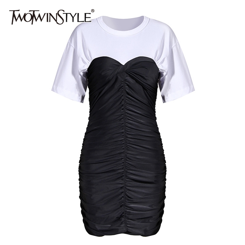 

Hit Color Patchwork Ruched Dress For Women O Neck Short Sleeve Slim Mini Dresses Female Summer 210520, Black