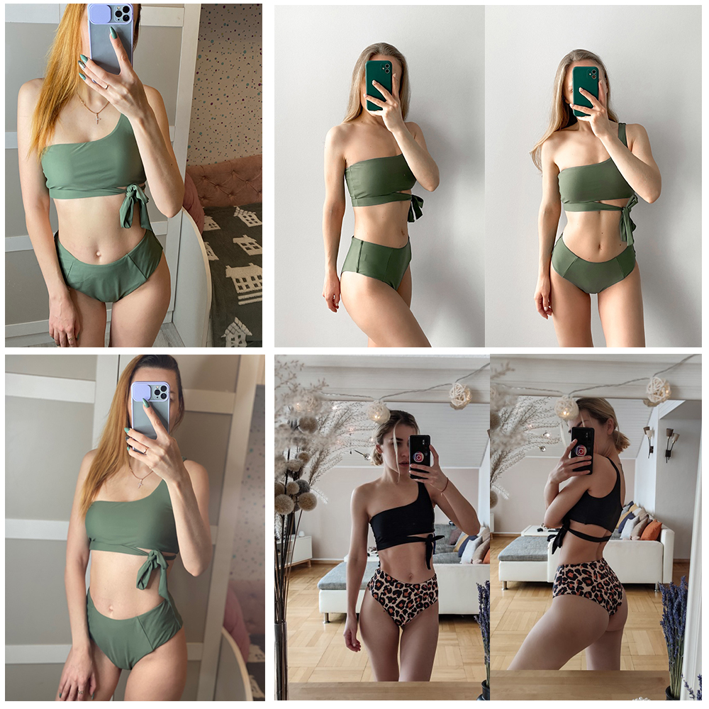 

2021bikini women 2021 high waist swimsuit one shoulder swimwear bandeau bathing suit print beach wear solid biquini set female, White;black