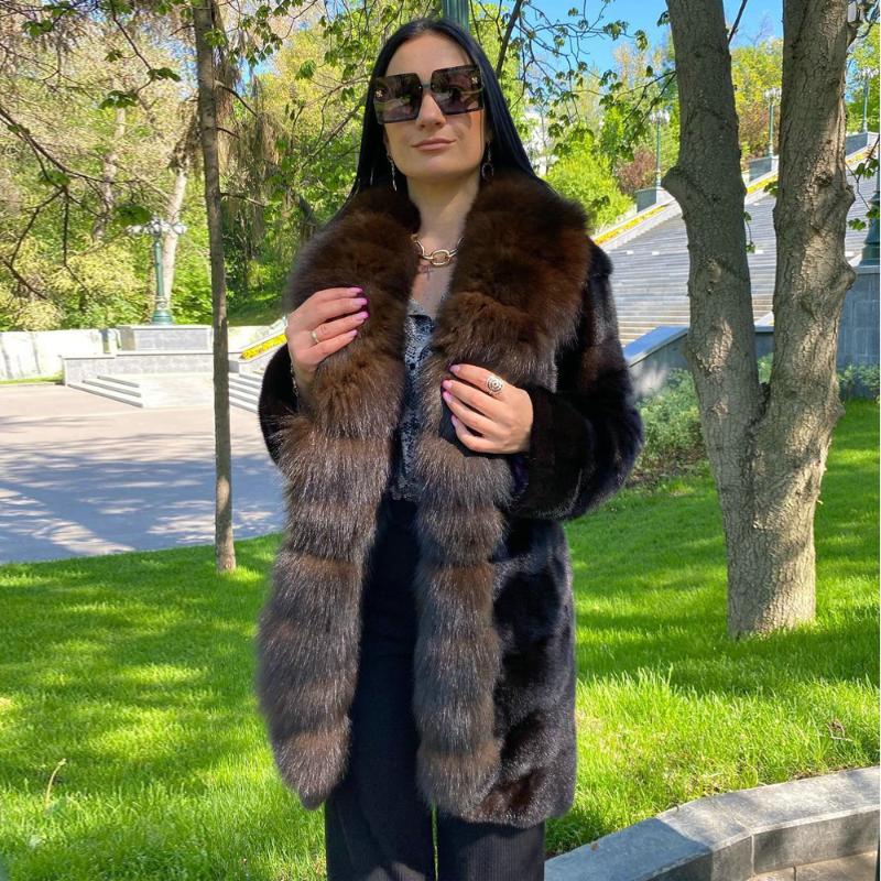 

Women's Fur & Faux Dark Brown Real Mink Coat With Long Collar Luxury Woman Overcoats 2021 Genuine Full Pelt Coats Outwear, Black