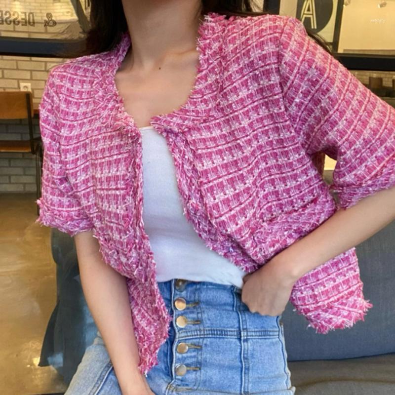 

Women's Jackets Chic French Temperament Round Collar Tassel Splicing Design Loose Single Breasted Tweed Jacket Female, Blue