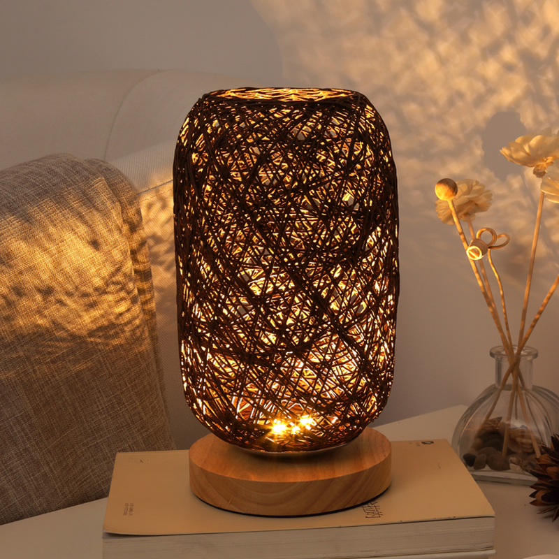 

Nordic Wood Table Lamp Bedroom Bedside Lamps Art Decoration Desk light Rattan Twine Ball Lighting
