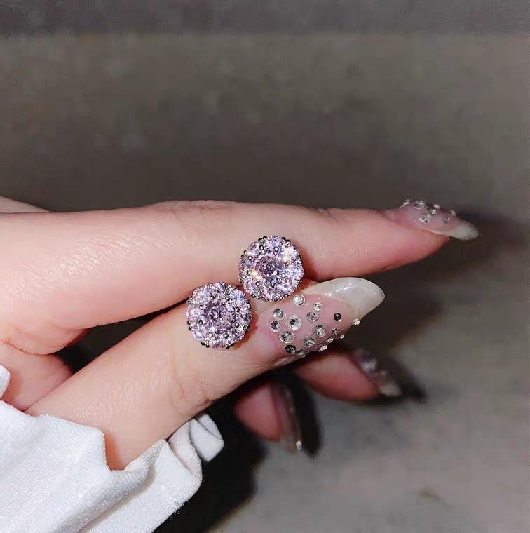 Classic Female White Crystal Stone Earrings Rose Gold Silver Color Stud For Women Charm Round Zirconia Wedding-image-697133783