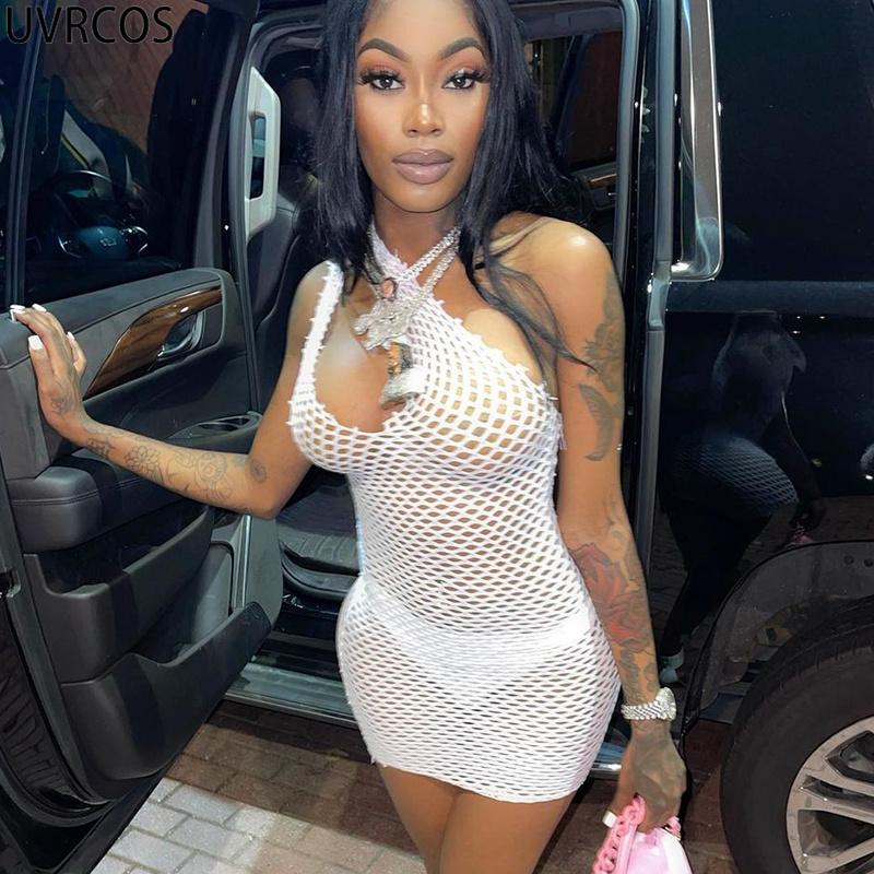 

Casual Dresses UVRCOS Bodycon Dress 2021 Fashion Gothic Clothes Fishnet Mesh Hole One Shoulder See Through Sexy Cleavage Y2K Short Mini, Black