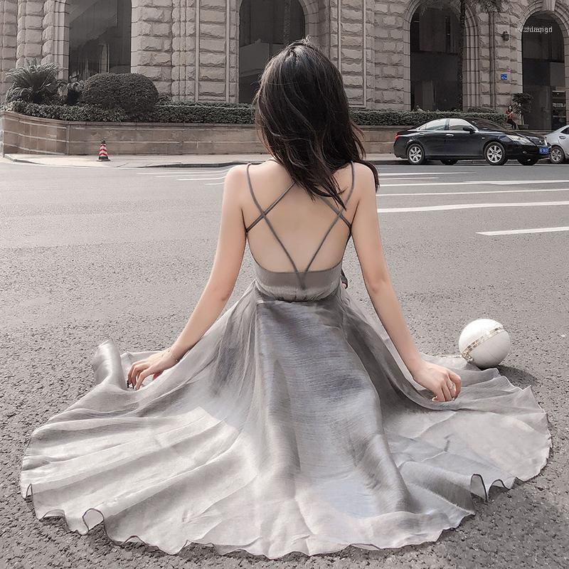 

Casual Dresses Cross Strap Organza Puff Women Sleeveless Backless Elegant Ball Gown Party Dress Black White Silver Red1