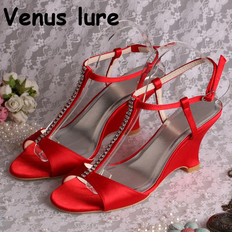 

T-bar Red Wedding Party Sandals Wedge Heel Women Crystal Summer Shoes For Bride, Black