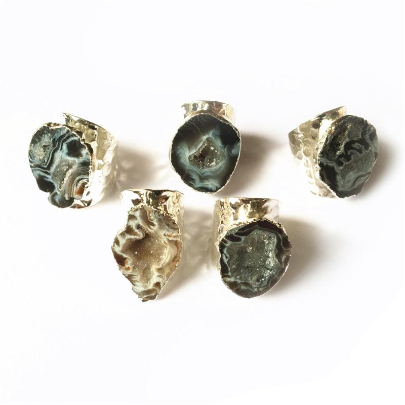 

Cluster Rings FUWO Gold/Silver Color Natural Geode Ring,Elegant Open Agates Crystal Druzy Jewelry Wholesale 5pieces/lot RG028