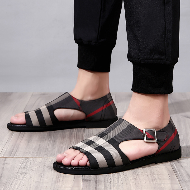 

Sandals Men's British style Plaid breathable beach shoes fashion versatile casual Roman shoes, Blue