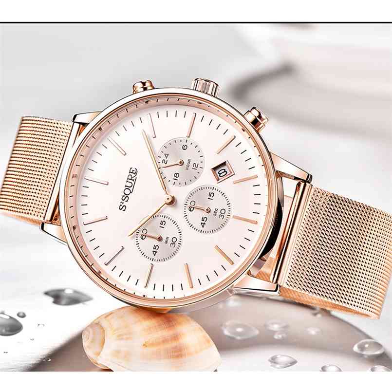 

S2SQURE Fashion Chronograph Quartz Rose Gold Stainless Steel Mesh Luxury Brand Men Watches Waterproof Relogio Masculino 210707, White brown leather