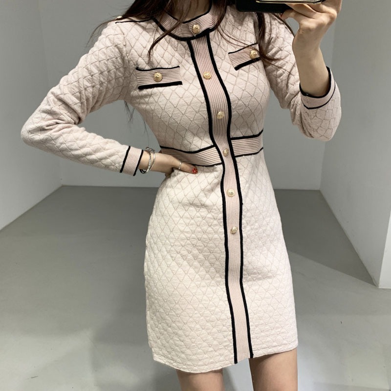 

ZAWFL Autumn Winter Women Knitted Dress 2021 New Korean Long Sleeve O-Neck Bandage Sweater Clothing Elegant Ladies Dresses, Picture color