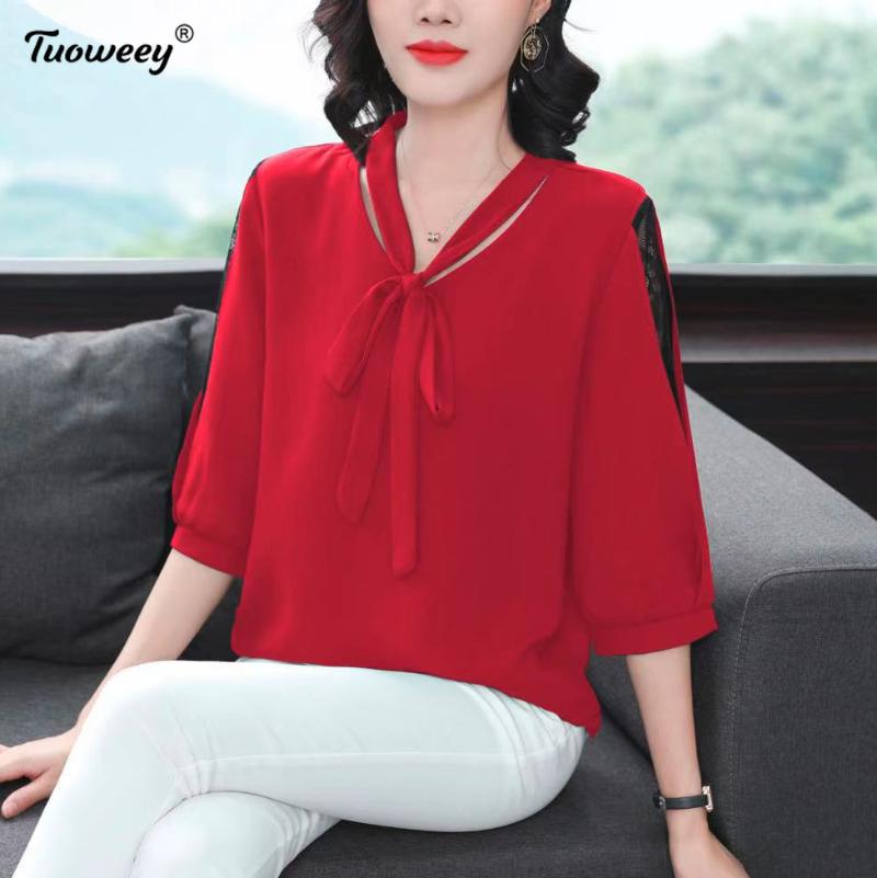 

Women's Blouses & Shirts Fashion Women Summer 2021 Lace Half Sleeve OL Blouse Tops Office Lady Shirt Red Chiffon Blusas, White