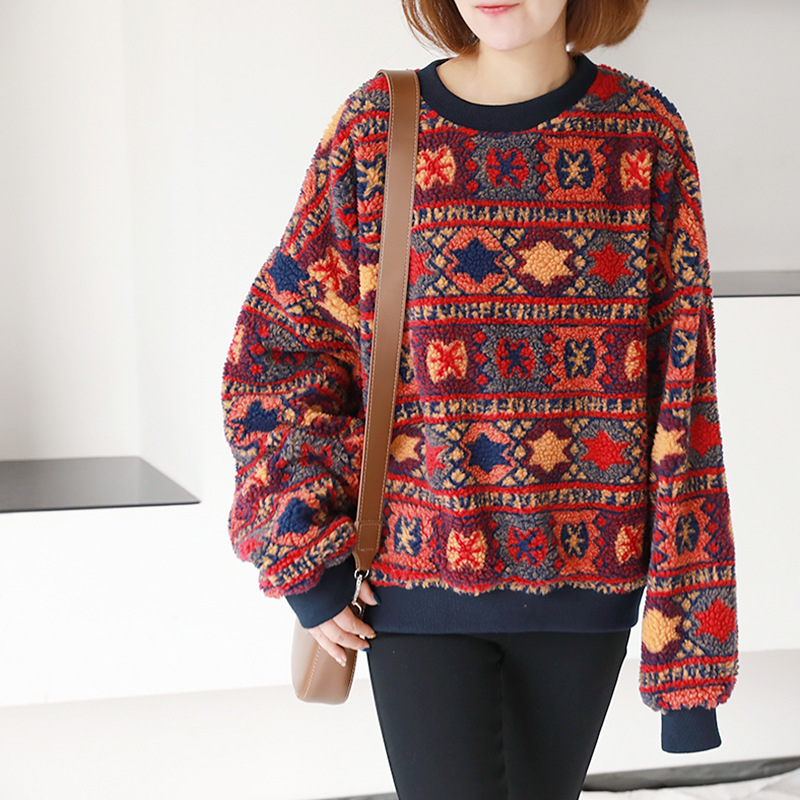 

Johnature Print Leisure Hoodies Women Clothes Autumn Pullovers O-neck Casual Geometric National Style Ladies Hoodies 210521, Red