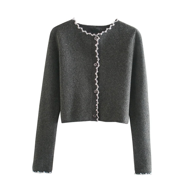 

Women Temperament Simple Fungus Lace Decoration Solid Color Sweater Female Single-Breasted Long-Sleeved Short Cardigan 210520, As picture