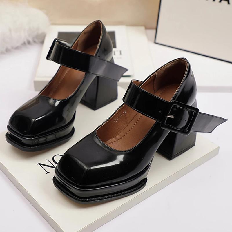 

Rimocy Patent Leather Square Toe Mary Jane Shoes For Women 2021 Fashion Ankle Buckle Chunky Platform Pumps Woman High Heels Shoe Dress, Black dots