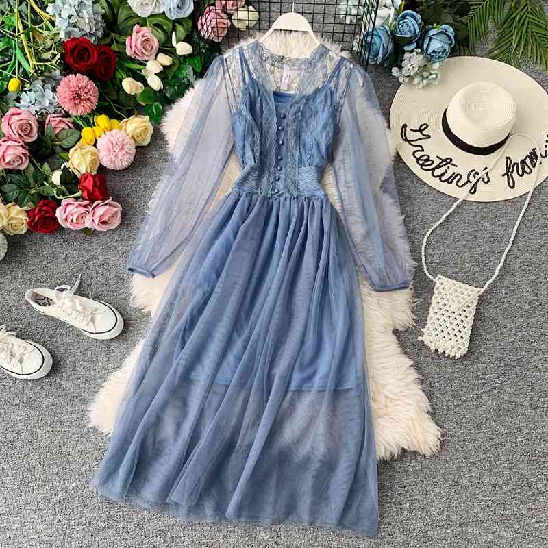 

Female Summer Spring Sweet Dress Lantern Sleeve V Neck High Waist Fairy Long Length Chic Temperament 210520, Light blue