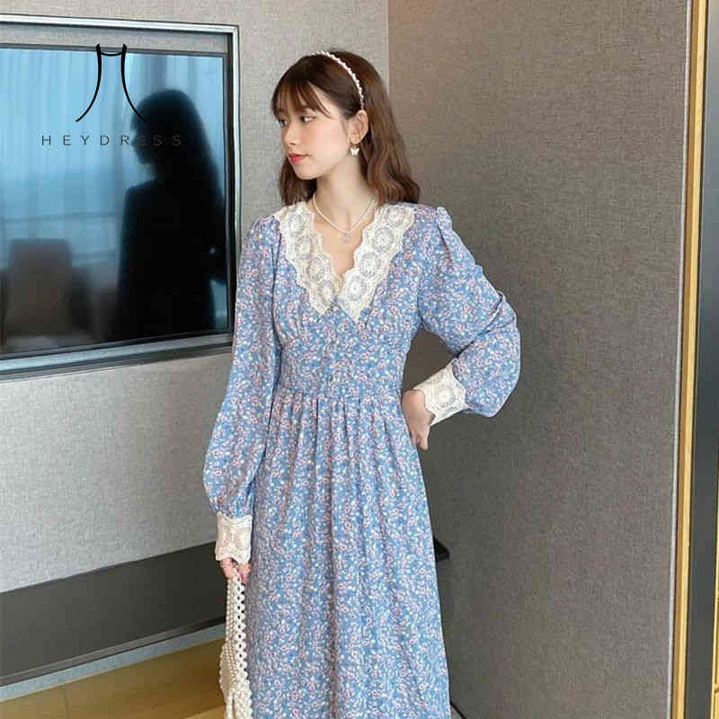 

Women Elegant Lace Spring Vintage Floral Party Dress Lady Long Sleeve V-Neck Fariy Midi Chiffon Holiday Vestidos 210517, Yellow