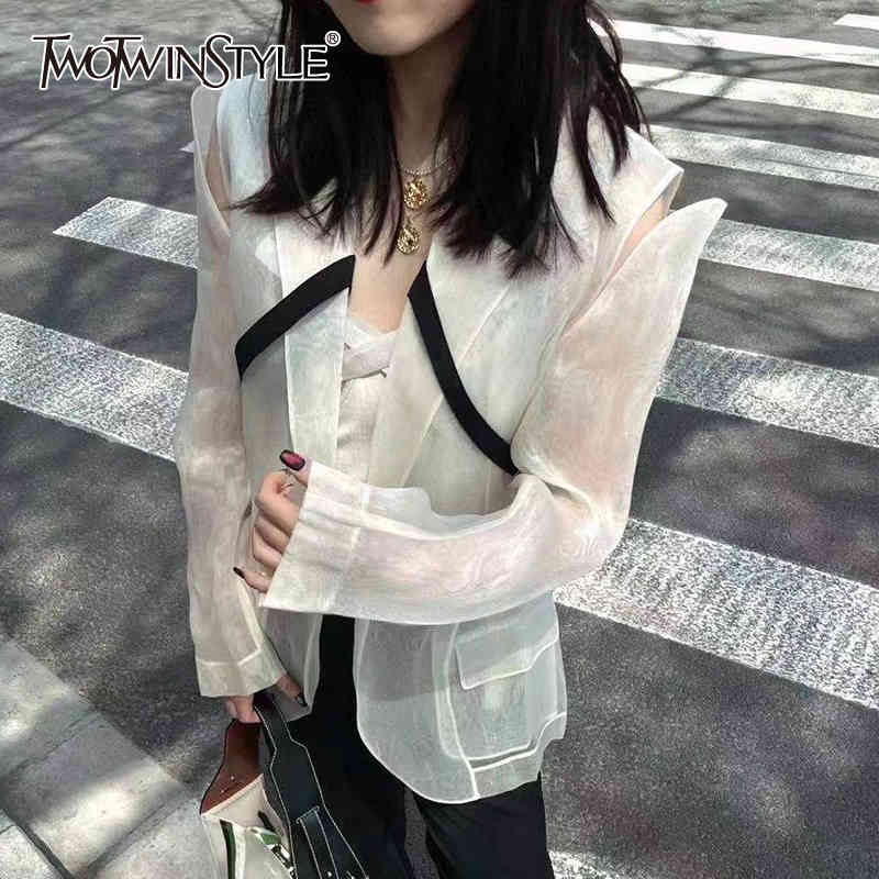 

Hit Color Patchwork Mesh Blazer For Women Notched Long Sleeve Straight Perspective Blazers Female Spring Style 210524, Beige
