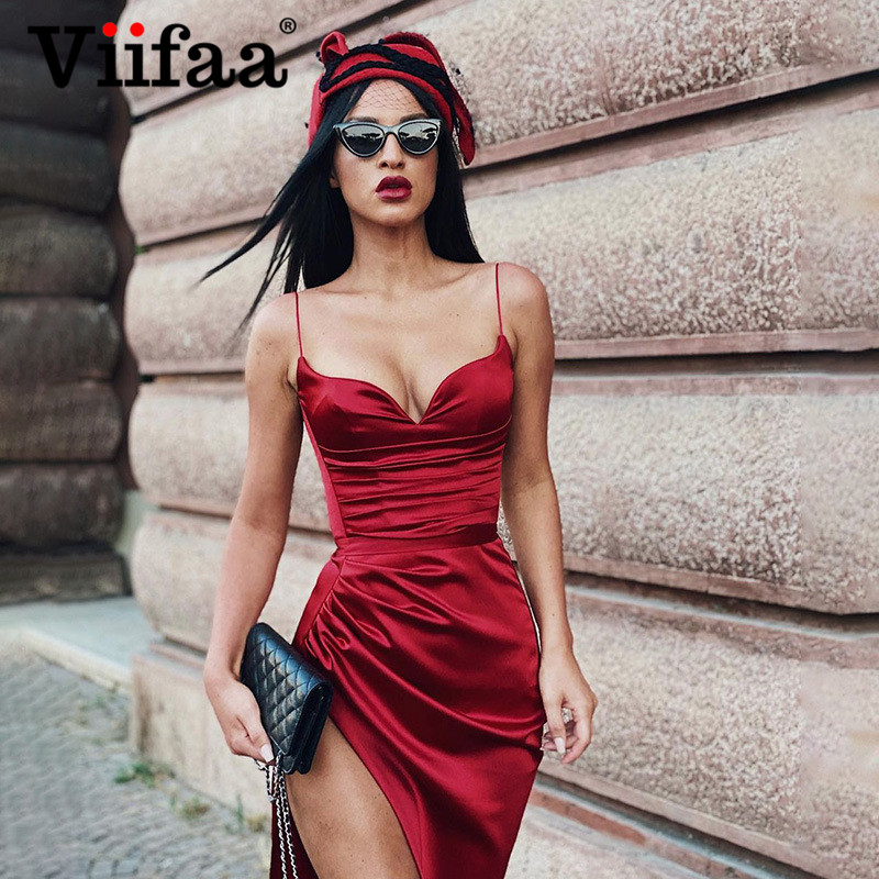 

viifaa sweetheart neck party high waist bodycon split midi dress satin elegant women spaghetti strap summer ruched dresseshigh quality, Black;gray