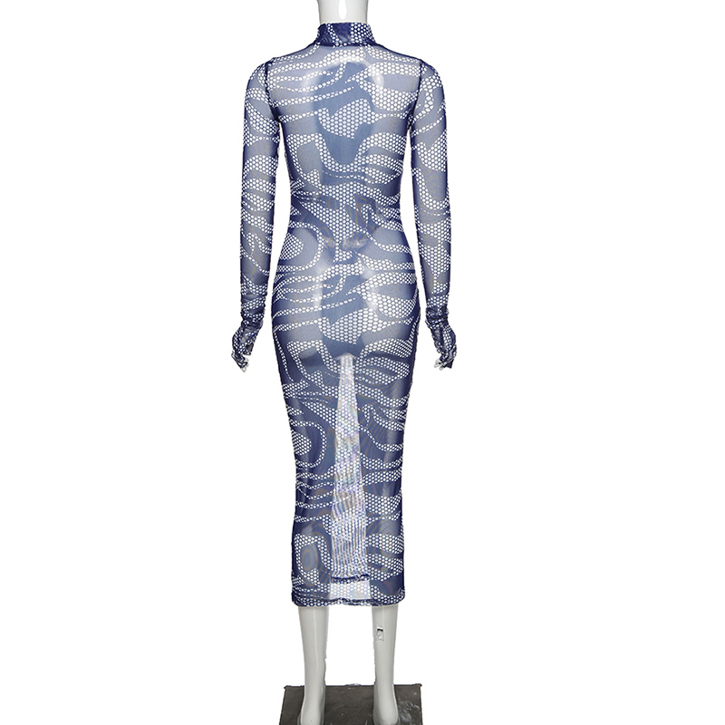 

2021mesh see through maxi dress women long sleeve without gloves party clubwear print 2021 hollow out bodycon dresses, Black;gray