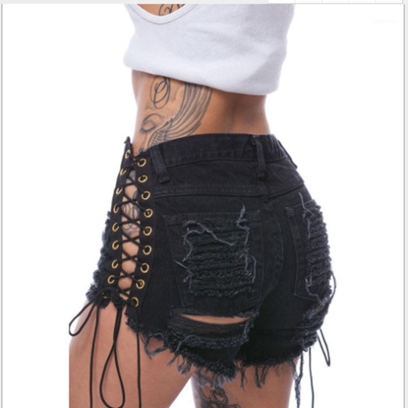 

Women's Jeans High Waist Women Plus Size Tassel Denim Sexy Summer Side Slit Bandage Ripped Vintage Hole Shorts Lady Party Club Bottoms, Blue
