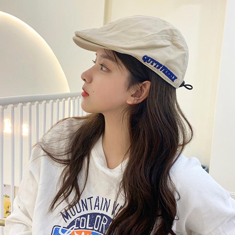 

Berets Women Hat Korean Drawstring Beret Japanese Autumn Painter Letter Embroidery Casual Forward Gorros, Beige
