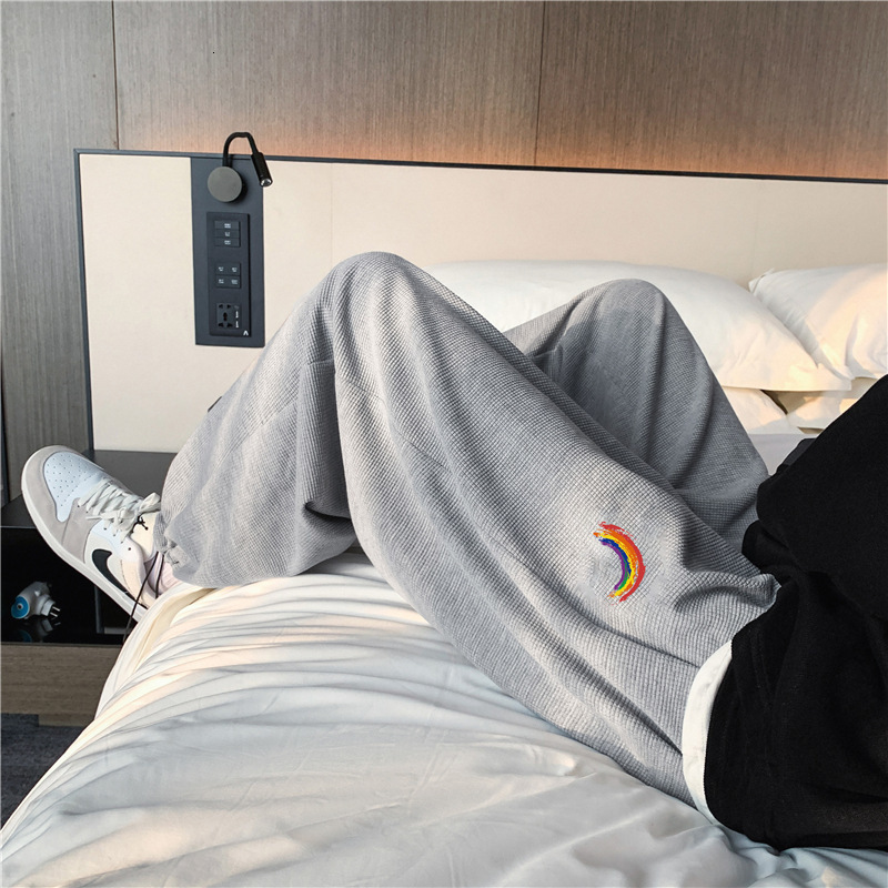 

casual pants autumn 2021 waffle rainbow men's loose sweatpants large, Black