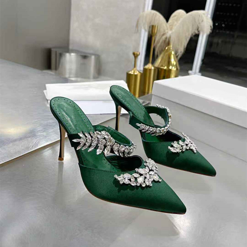 

High Heels Slippers for Ladies Diamond Leaves Decor Silk Chic Mules Women Slides Sexy Pointed Toe Designer Luxury Brand Shoes Closed Toe Woman Shoe manolo, As shown