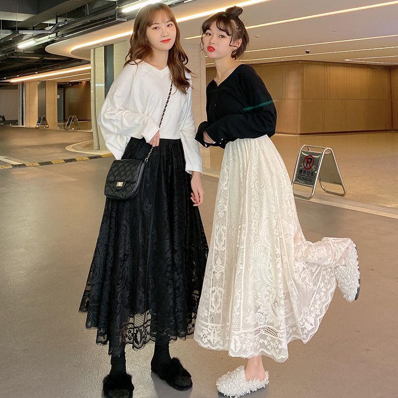 

Skirts Women High Waist A Line Elegant Lace White Skirt Teen Girls Mid-calf Long Black Spring Summer Autumn, Beige