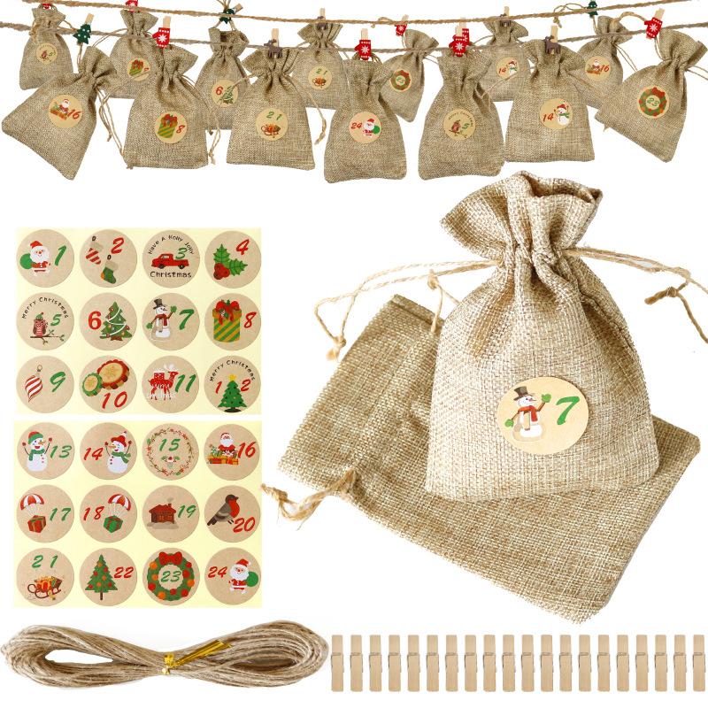 

Gift Wrap 24 Sets Christmas Bags Burlap Bundle Pocket Advent Calendar Candy With Stickers Clips