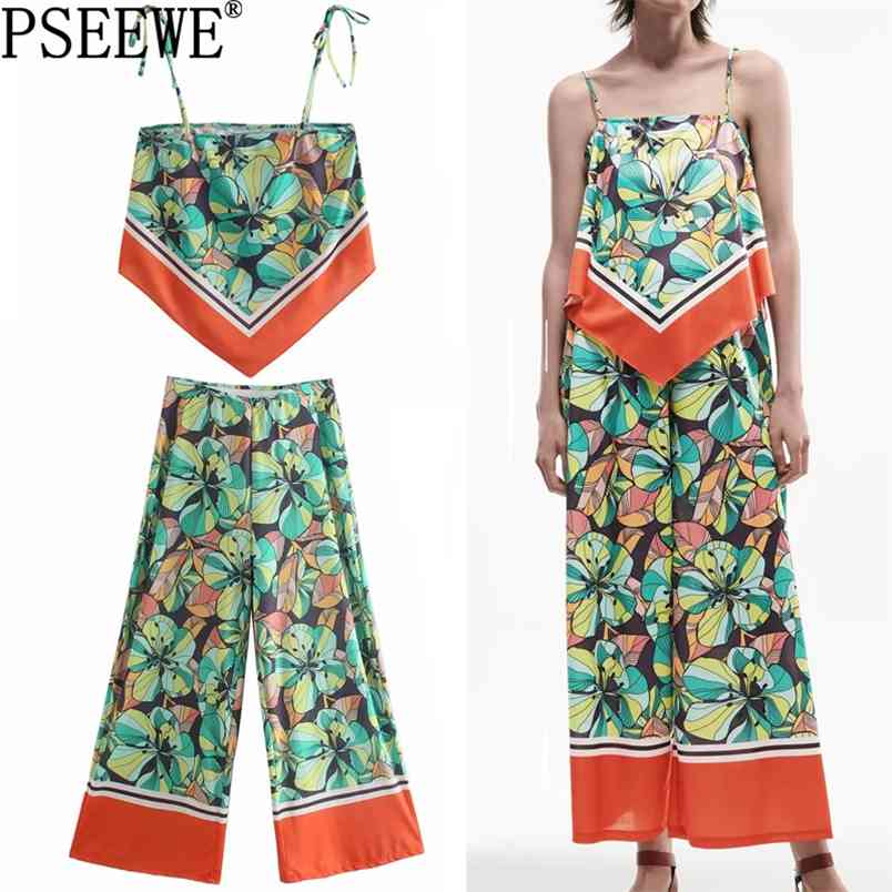 

Women Sets Summer Pant Suits Print Crop Top Woman Outfits High Waist Wide Leg Pants and Two Piece Set Female 210519