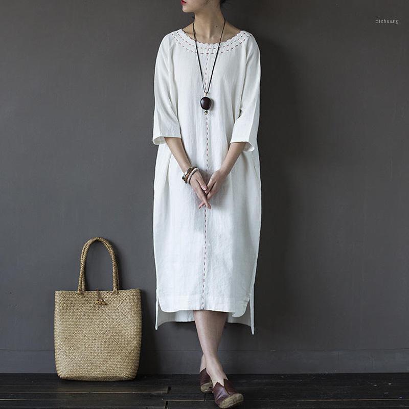 

Casual Dresses SCUWLINEN 2021 Summer Dress Handmade Embroidery Three Quarter Plus Size Asymmetric Ramie One-piece Vestido X01729, Red