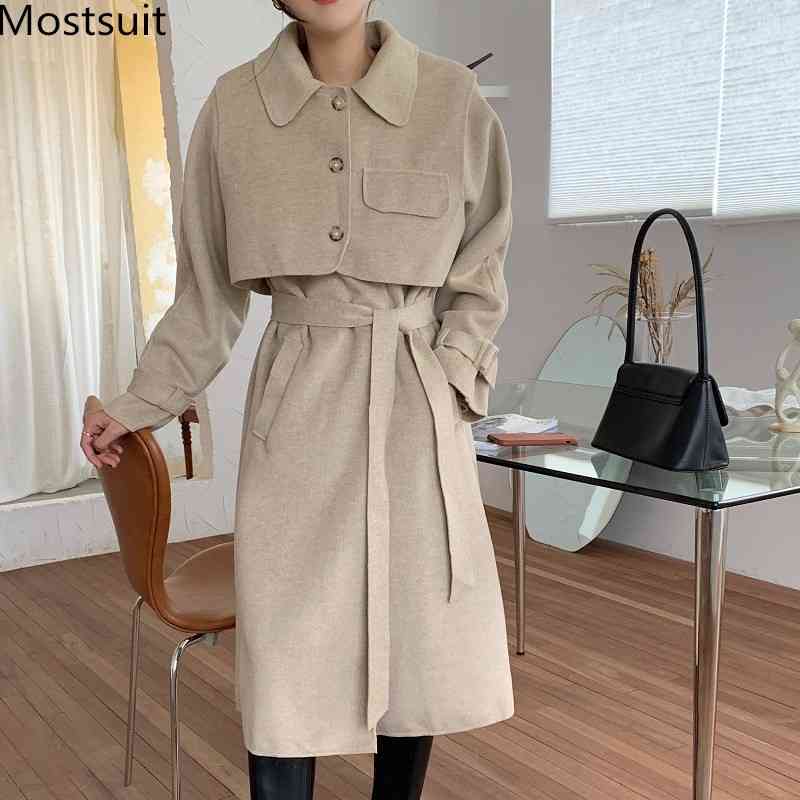 

Korean Elegant Women Woolen Long Coat With Vest Winter Belted Turn-down Collar Pockets Female Overcoats Vintage Blend 210518, Grey
