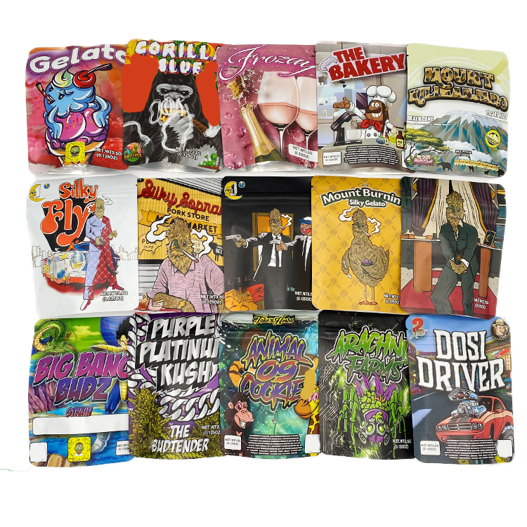 

Flower mylar bags 3.5g smell proof stand up pouch foil aluminum foil resealable zipper packaging bag gelato strain silky