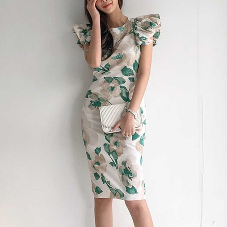 

summer ladies' temperament round neck slim slimming printed bag hip dress Sheath Sleeveless Office Lady 210603, Green