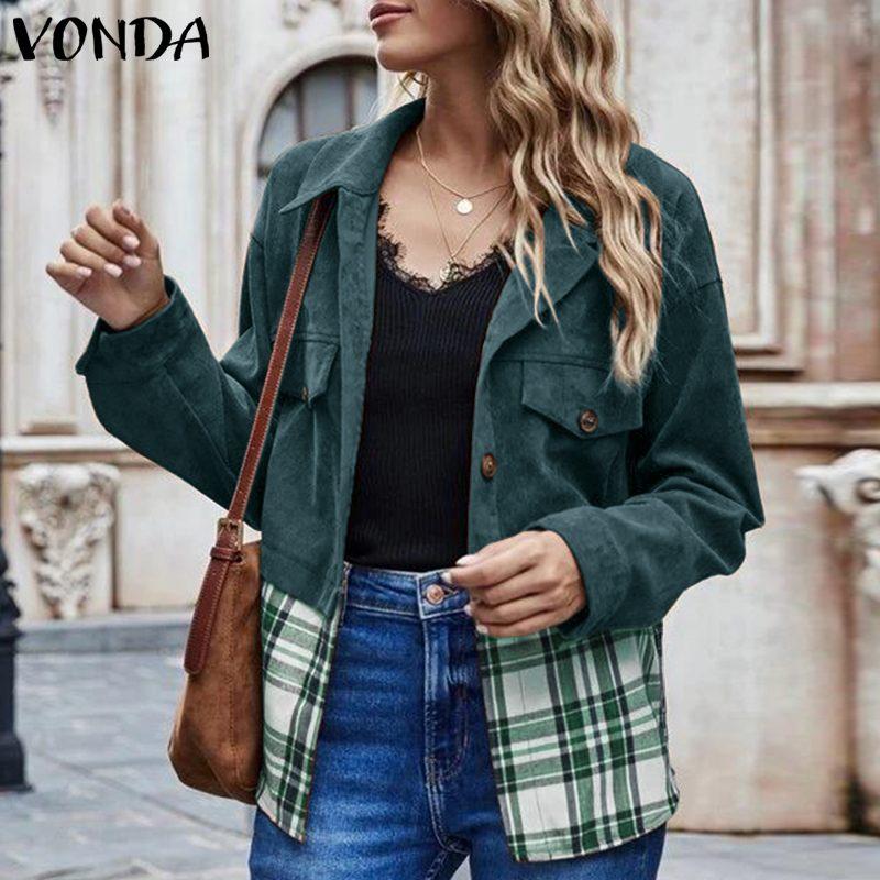

Women's Jackets Women Autumn Plaid Patchwork 2021 Vintage Lapel Collar Coats Casual Long Sleeve Veste Femme Outerwears, Black;brown