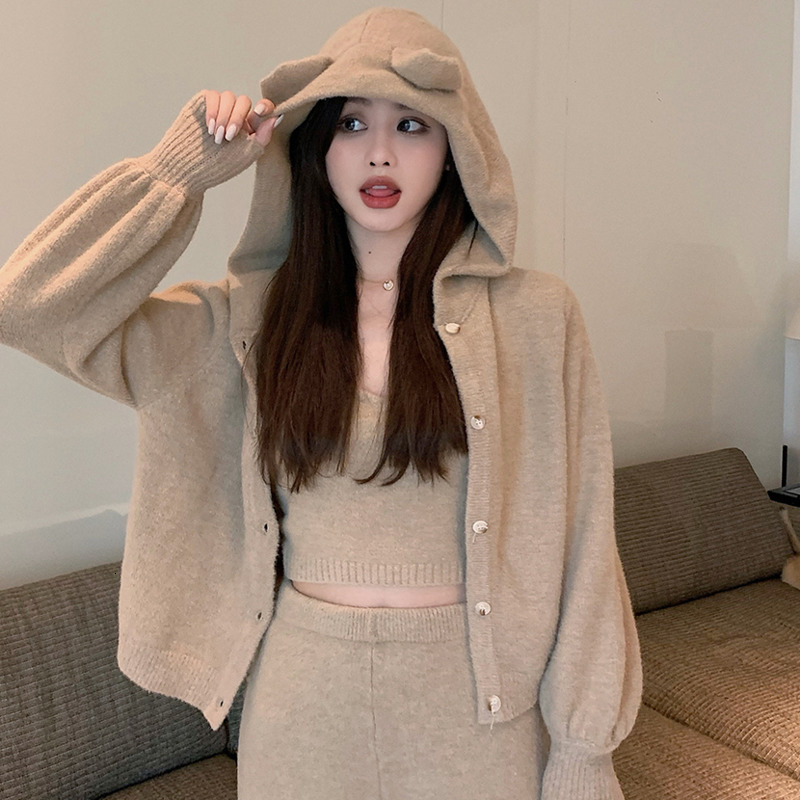 Women&#039;s Two Piece Pants High Quality Fall Winter Knitted Tracksuit Women Hoodie Cardigan + Short Sexy Crop Top Wide Leg Long Suits-image-706112770