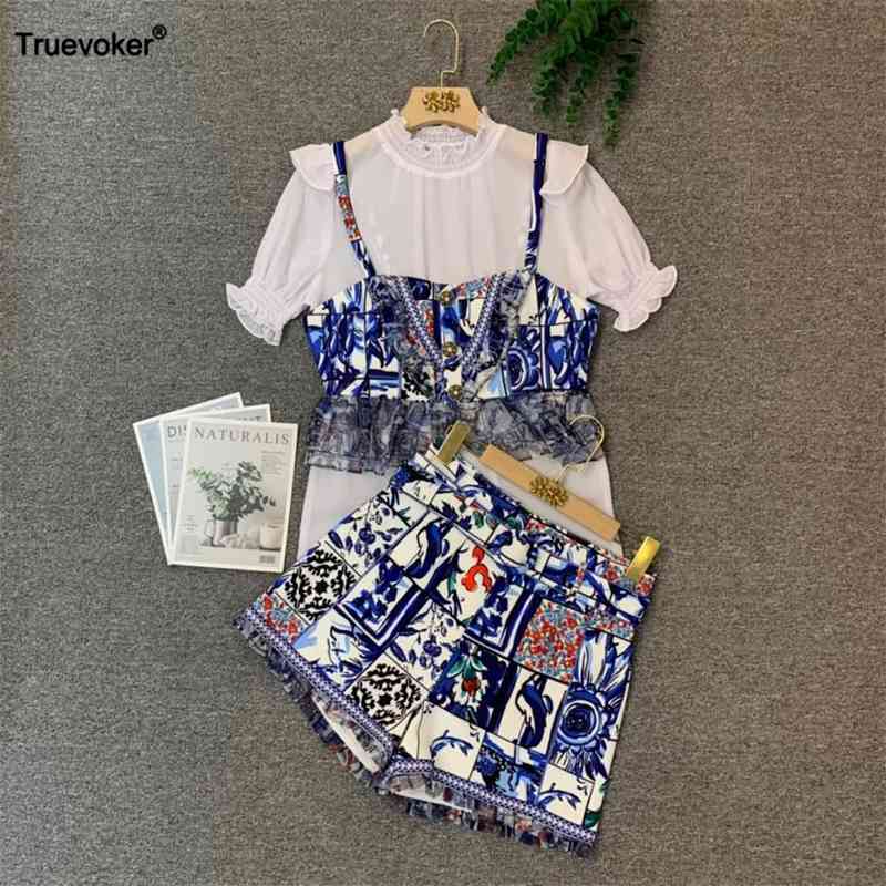 

Truevoker Lady Shorts Set High End Vintage Porcelain Print Top With Mujer Party 3 IN ONE s Female Short 210602, Blue