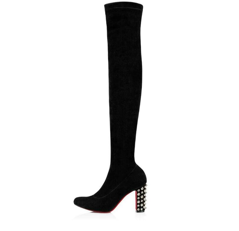 

Luxury Winter Brands Women's Tall Boots Red Bottom Study Booty Black Stretch Lady Over-knee-boot Studs High Heels Fashion Booties EU35-43 Box