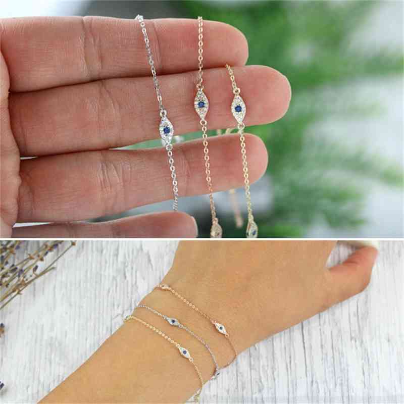 

100% 925 sterling silver cute lovely blue white cz evil eye link minimal delicate thin chain women girl adorable bracelet