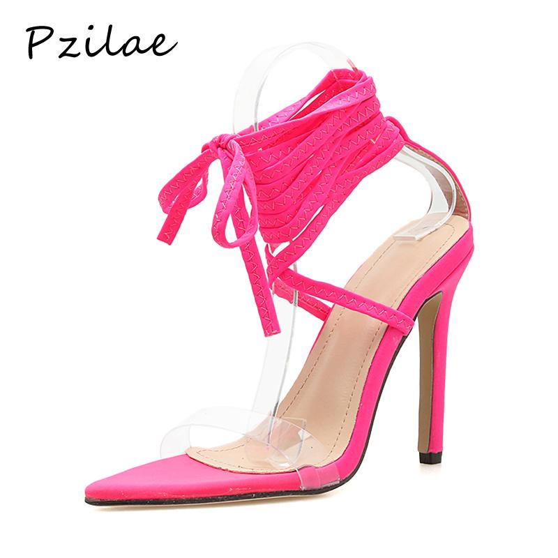 

Pzilae Woman Sandals 2021 Summer Sexy Party High Heels Ladies Peep Toe Shoes Cross-tied Pumps Women Wedding Fashion Rose, Black